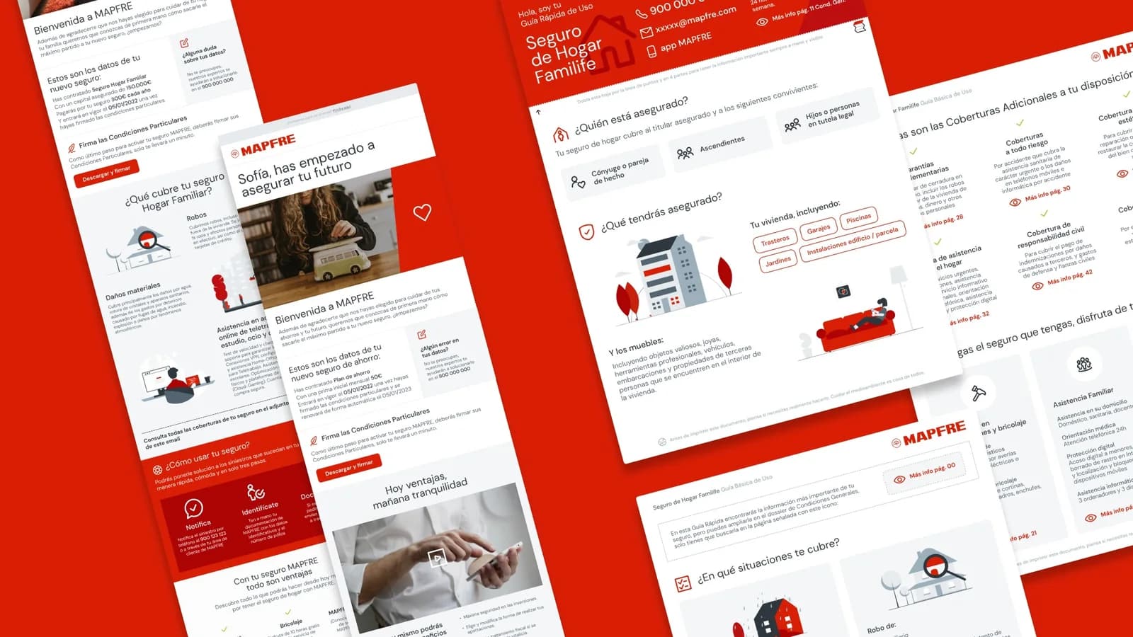 MAPFRE modular welcome system applied across different touchpoints and deliverables.