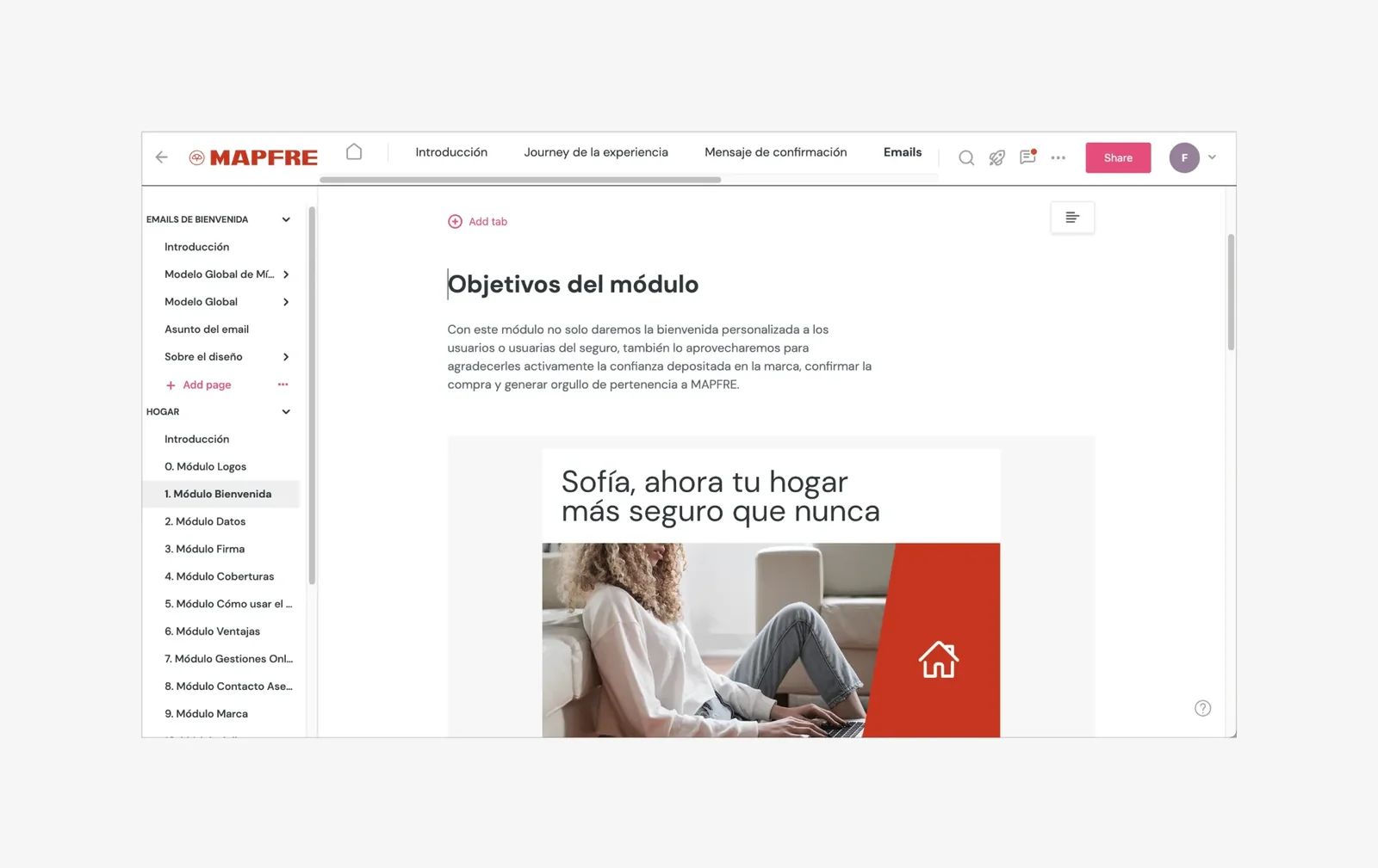Documentation of MAPFRE’s modular welcome system and its reusable modules.