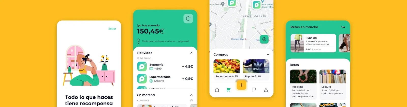 Composition showing four Pensumo app screens on a yellow background.